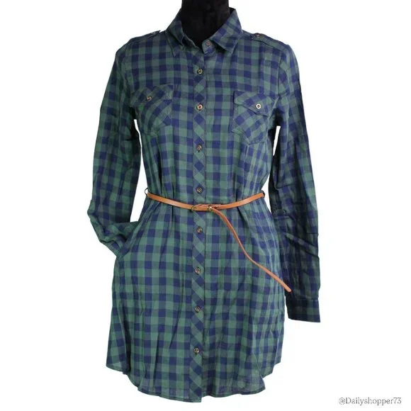 Active Usa Dresses | Active Usa Women's Navy Blue & Green Plaid Shirt Dress W/ Belt | Color: Blue/Green | Size: S | Pm-94898459's Closet